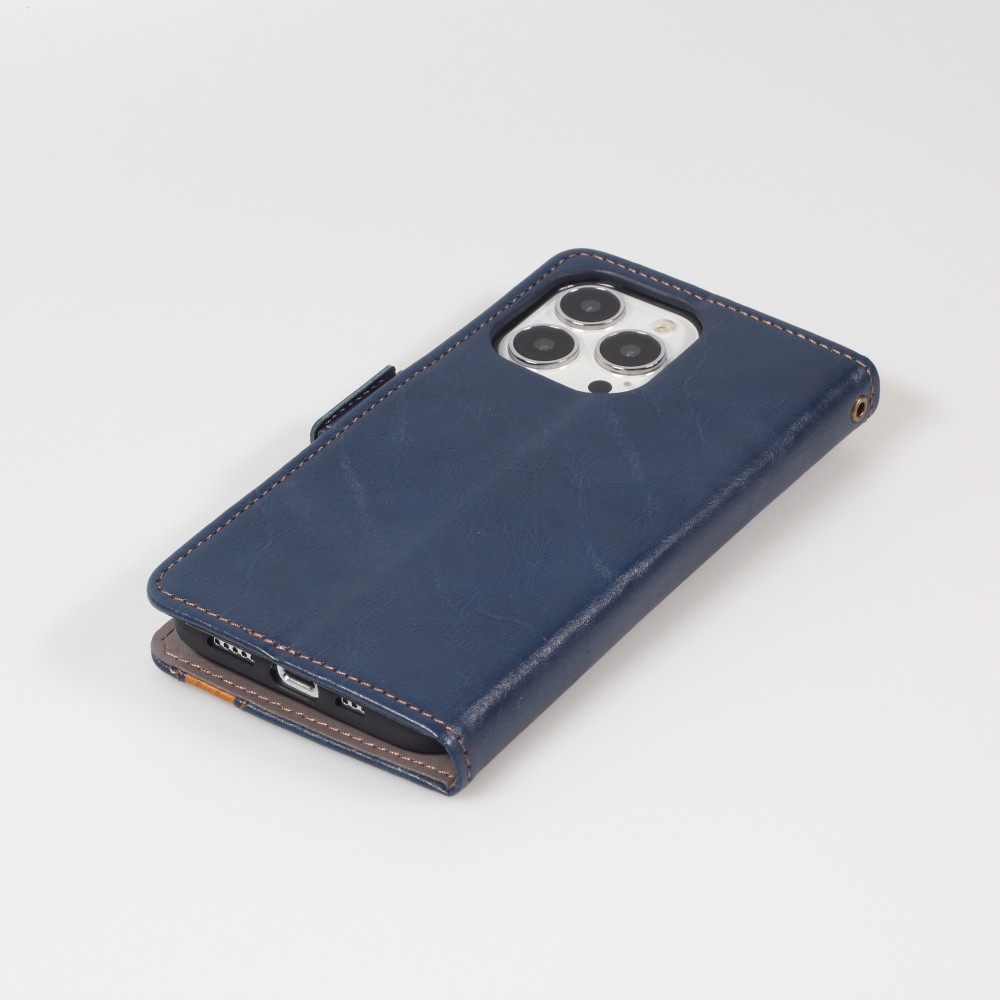 iPhone 11 Leder Tasche - Flip Wallet Echtleder mit Akzentstreifen & Kartenhalter - Blau