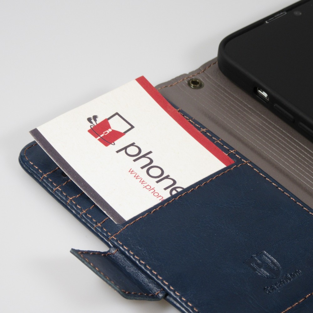 iPhone 11 Leder Tasche - Flip Wallet Echtleder mit Akzentstreifen & Kartenhalter - Blau