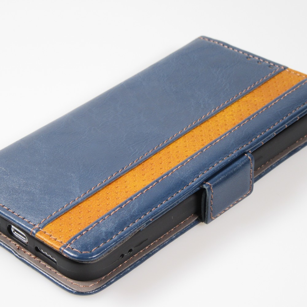 iPhone 11 Leder Tasche - Flip Wallet Echtleder mit Akzentstreifen & Kartenhalter - Blau
