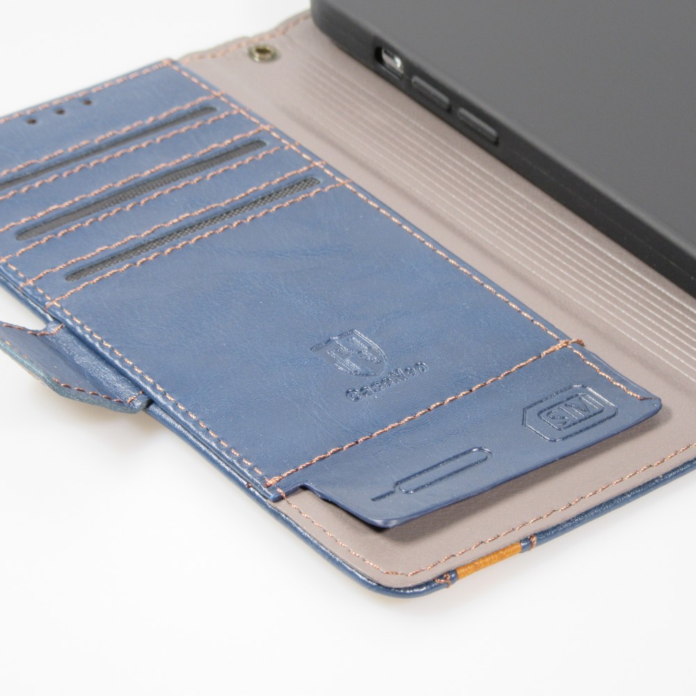 iPhone 11 Leder Tasche - Flip Wallet Echtleder mit Akzentstreifen & Kartenhalter - Blau
