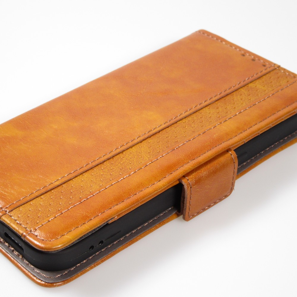 iPhone 13 Leder Tasche - Flip Wallet Echtleder mit Akzentstreifen & Kartenhalter - Braun