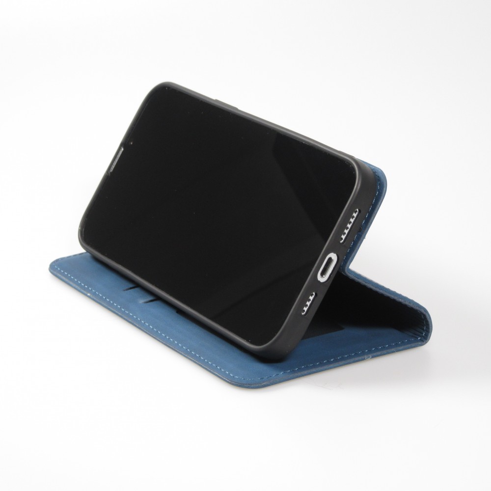 iPhone 16e Leder Tasche - Flip Wallet vintage mit Magnetverschluss und Kartenhalter - Blau