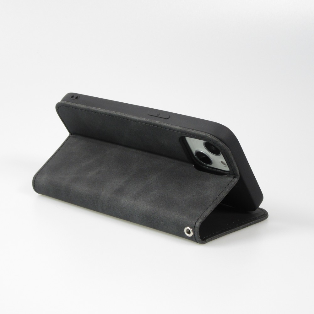 iPhone 7 / 8 / SE (2020, 2022) Leder Tasche - Flip Wallet vintage mit Magnetverschluss und Kartenhalter - Schwarz