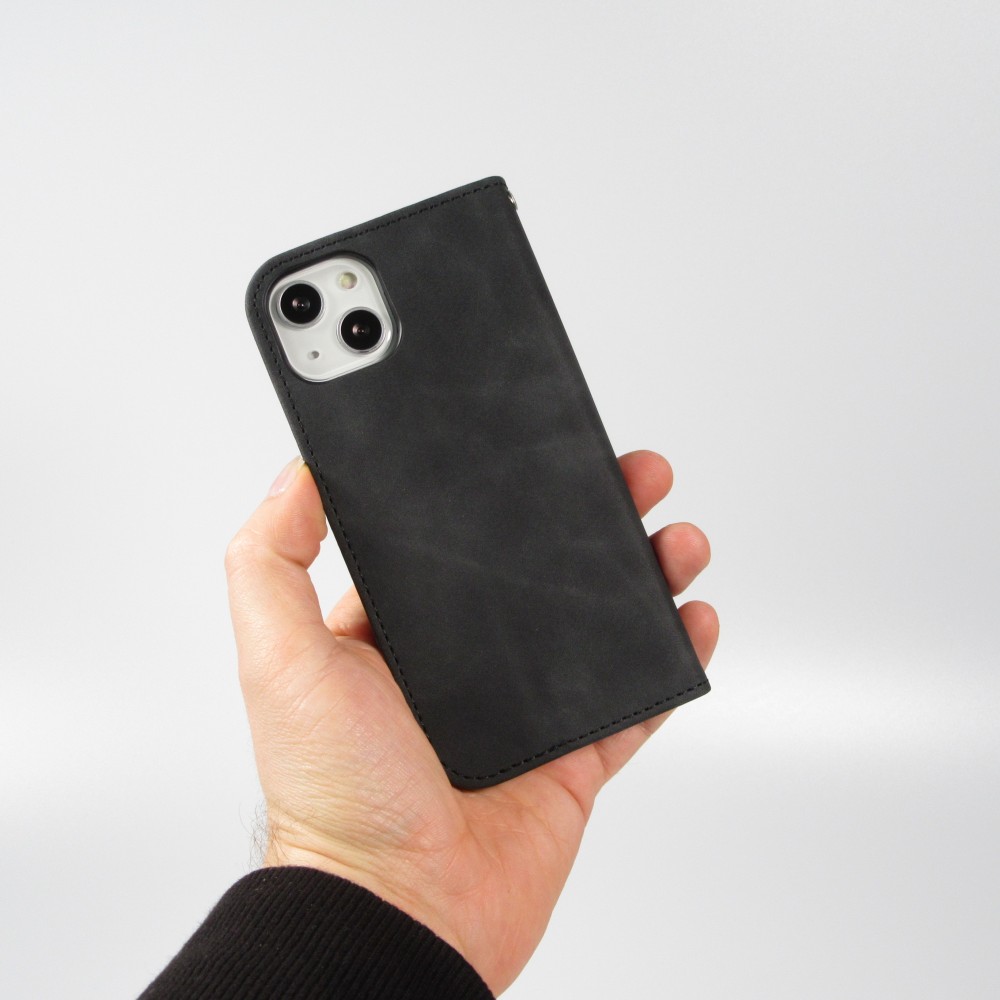 iPhone 7 / 8 / SE (2020, 2022) Leder Tasche - Flip Wallet vintage mit Magnetverschluss und Kartenhalter - Schwarz