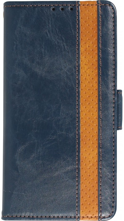 iPhone 13 Pro Leder Tasche - Flip Wallet Echtleder mit Akzentstreifen & Kartenhalter - Blau