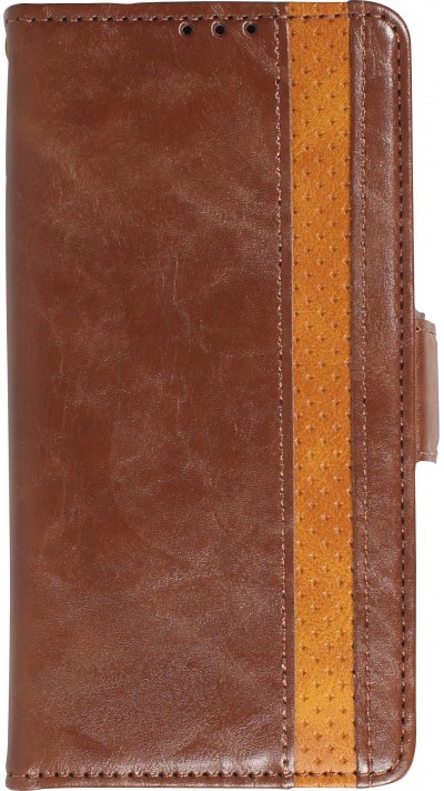 iPhone 13 Pro Max Leder Tasche - Flip Wallet Echtleder mit Akzentstreifen & Kartenhalter - Dunkel- Braun