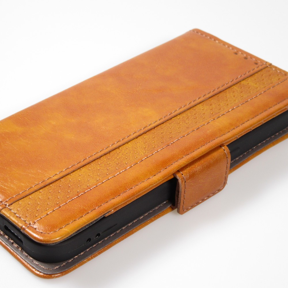 iPhone 13 Pro Leder Tasche - Flip Wallet Echtleder mit Akzentstreifen & Kartenhalter - Braun