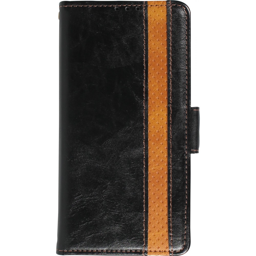 iPhone 16e Leder Tasche - Flip Wallet Echtleder mit Akzentstreifen & Kartenhalter - Schwarz