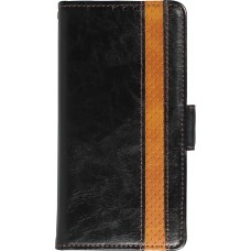 iPhone 16e Leder Tasche - Flip Wallet Echtleder mit Akzentstreifen & Kartenhalter - Schwarz