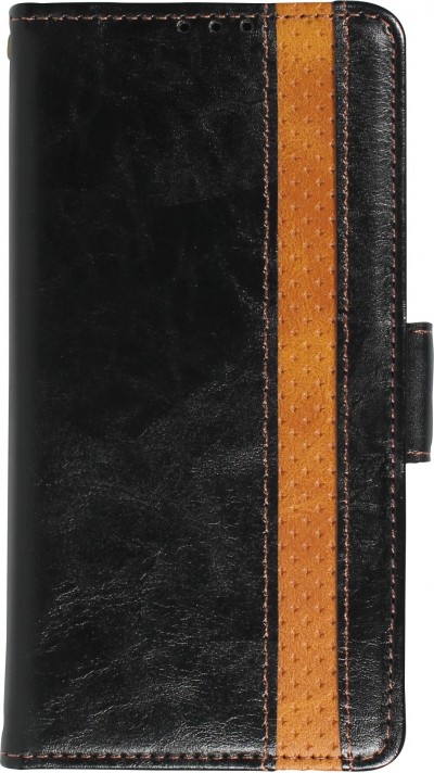iPhone 13 Pro Leder Tasche - Flip Wallet Echtleder mit Akzentstreifen & Kartenhalter - Schwarz