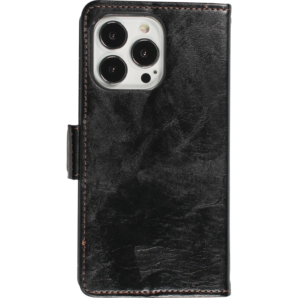 iPhone 16e Leder Tasche - Flip Wallet Echtleder mit Akzentstreifen & Kartenhalter - Schwarz