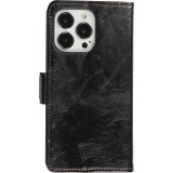 iPhone 16e Leder Tasche - Flip Wallet Echtleder mit Akzentstreifen & Kartenhalter - Schwarz