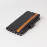 iPhone 16e Leder Tasche - Flip Wallet Echtleder mit Akzentstreifen & Kartenhalter - Schwarz