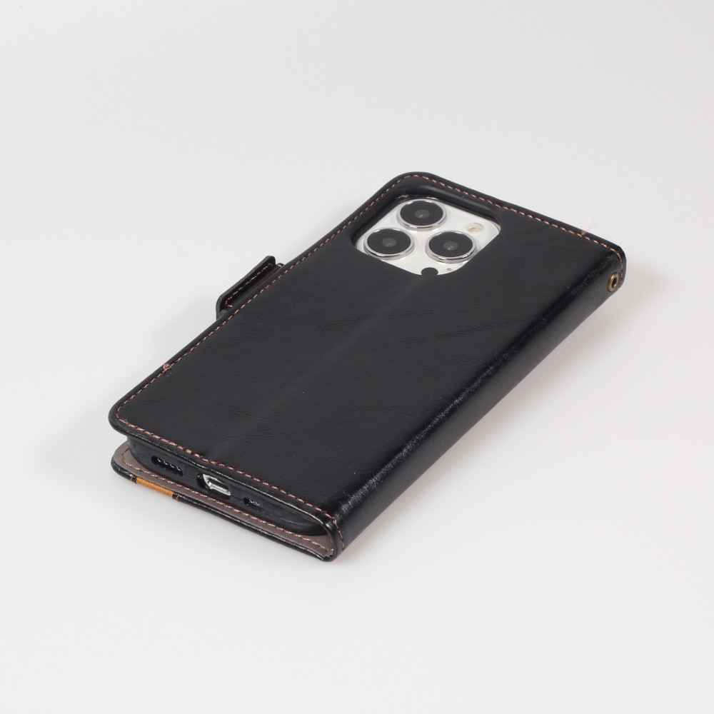 iPhone 16e Leder Tasche - Flip Wallet Echtleder mit Akzentstreifen & Kartenhalter - Schwarz