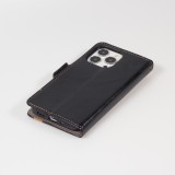 iPhone 16e Leder Tasche - Flip Wallet Echtleder mit Akzentstreifen & Kartenhalter - Schwarz