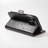 iPhone 16e Leder Tasche - Flip Wallet Echtleder mit Akzentstreifen & Kartenhalter - Schwarz