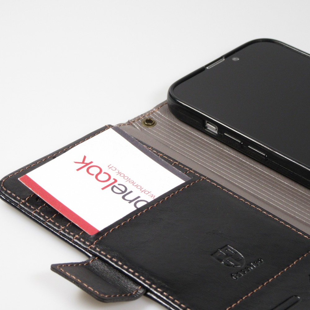 iPhone 16e Leder Tasche - Flip Wallet Echtleder mit Akzentstreifen & Kartenhalter - Schwarz