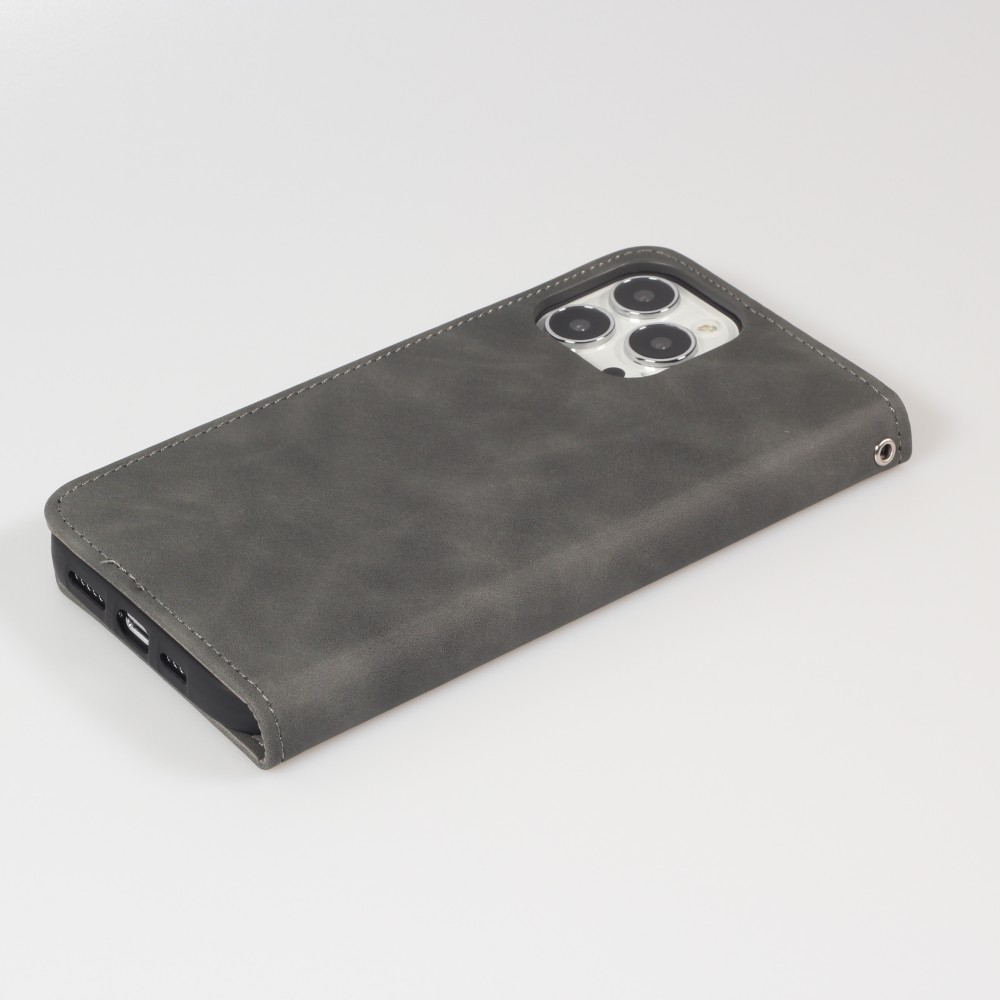 Leder Tasche Case iPhone 15 Pro Max - Flip Wallet vintage mit Magnetverschluss und Kartenhalter - Grau