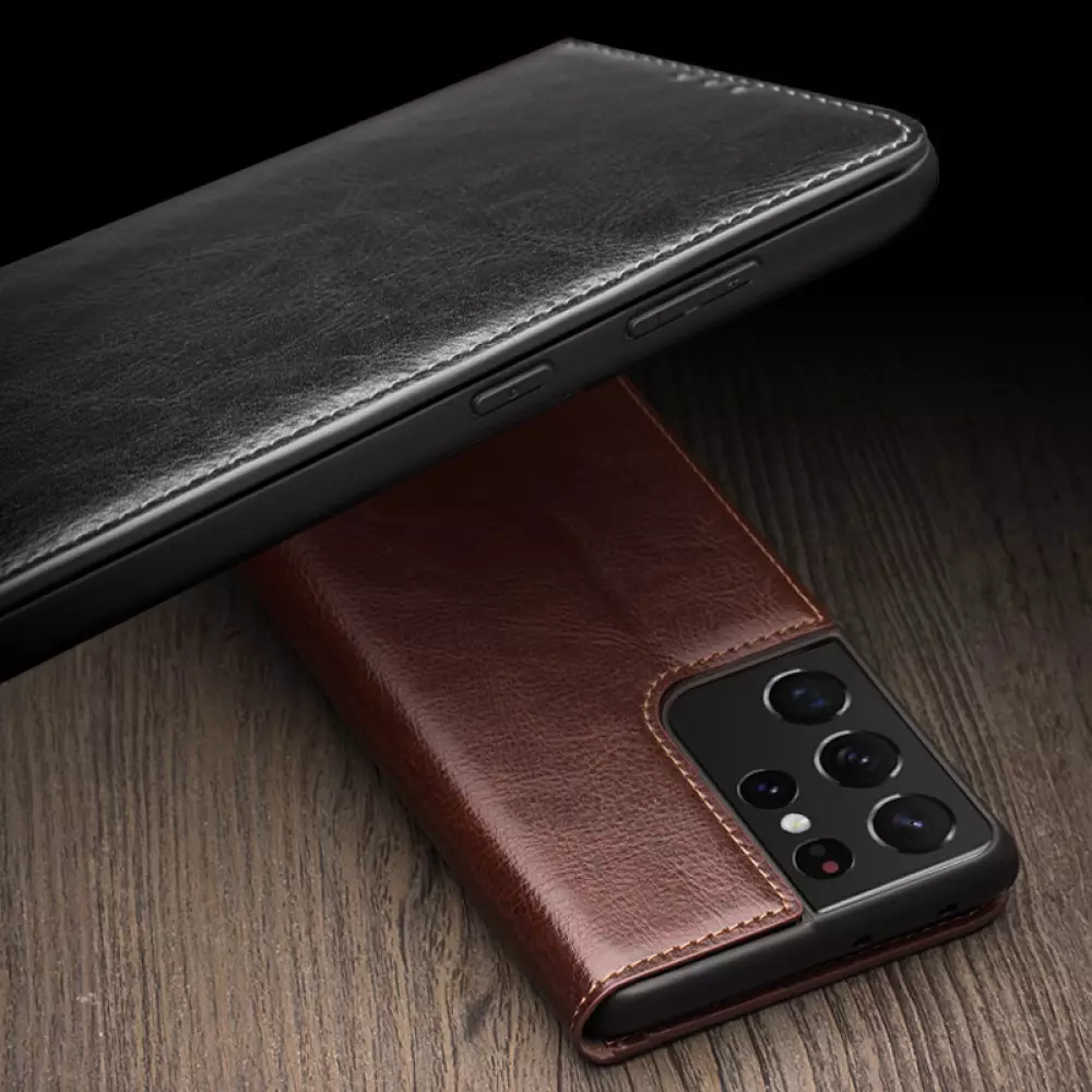 Hülle Samsung Galaxy S22 Ultra - Qialino Flip Echtleder - Braun