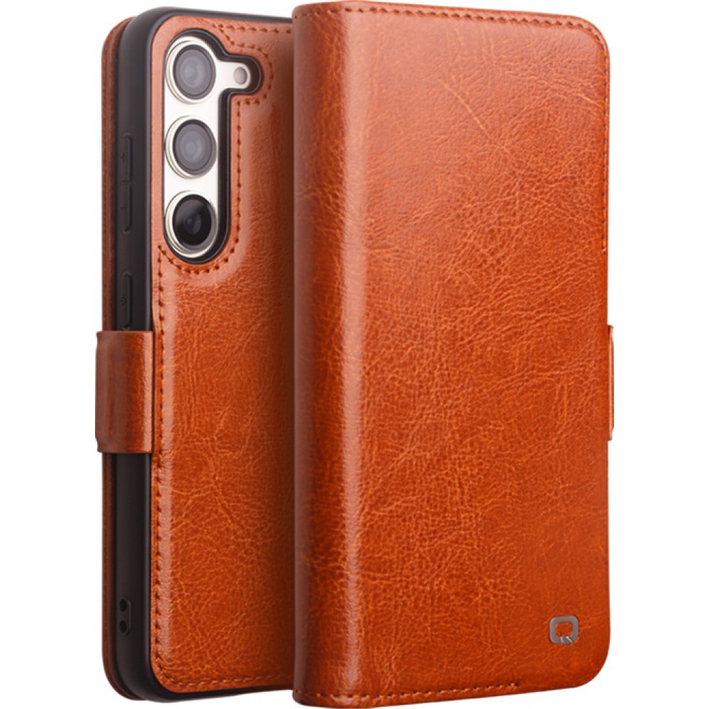 Samsung Galaxy S23+ Case Hülle - Flip Qialino Echtleder mit magnetischem Verschluss - Hellbraun