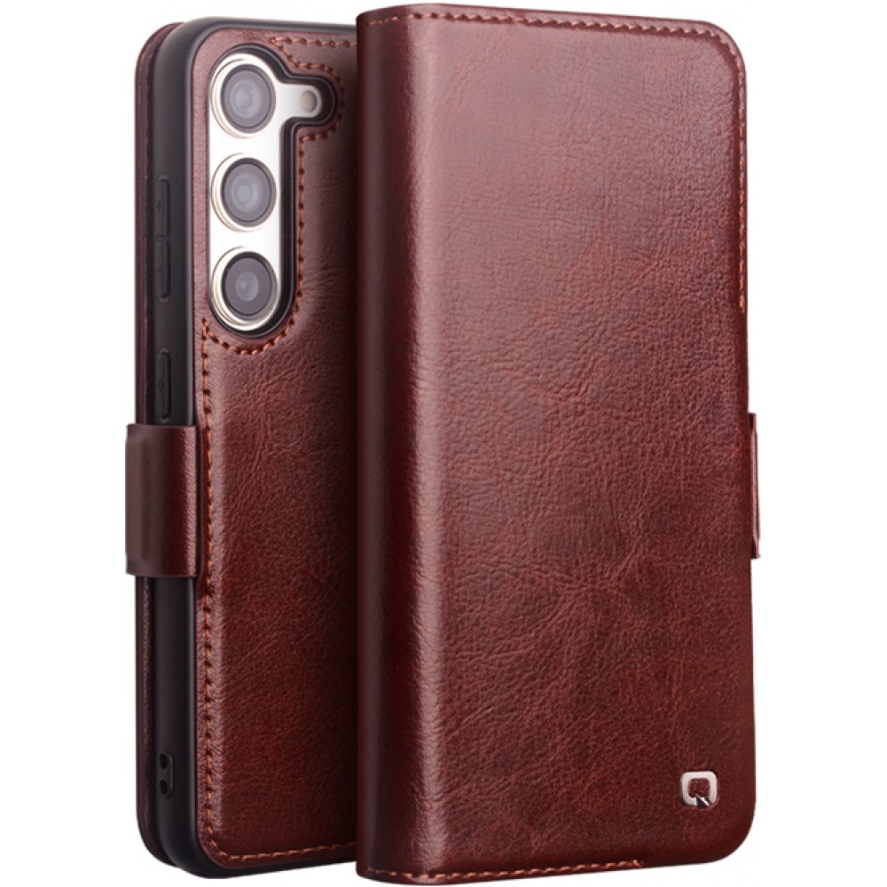 Samsung Galaxy S25 Case Hülle - Flip Qialino Echtleder mit magnetischem Verschluss - Dunkelbraun