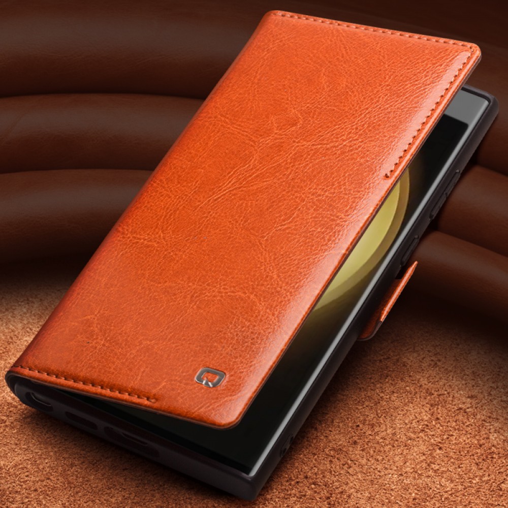 Samsung Galaxy S25 Case Hülle - Flip Qialino Echtleder mit magnetischem Verschluss - Dunkelbraun