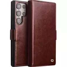 Samsung Galaxy S25 Ultra Case Hülle - Flip Qialino Echtleder mit magnetischem Verschluss - Dunkelbraun