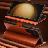 Samsung Galaxy S25 Ultra Case Hülle - Flip Qialino Echtleder mit magnetischem Verschluss - Dunkelbraun