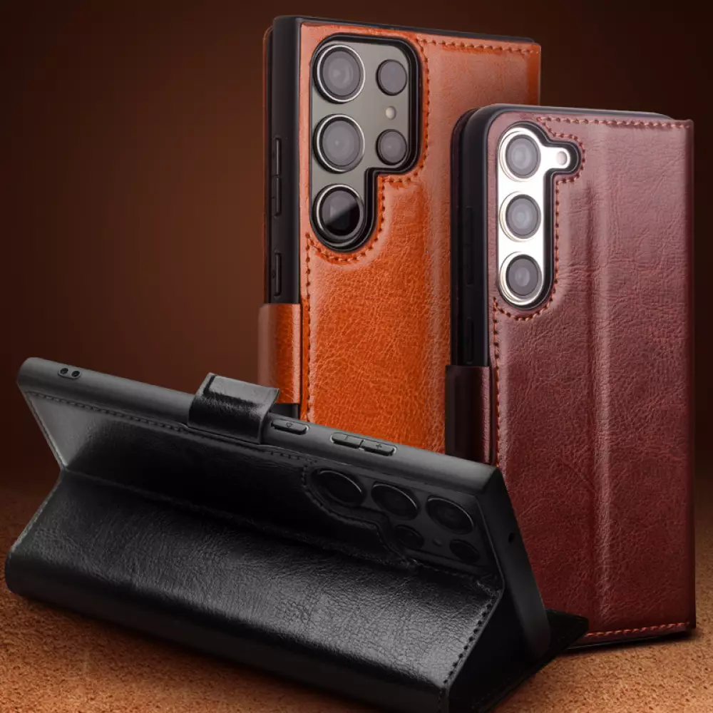 Samsung Galaxy S25 Ultra Case Hülle - Flip Qialino Echtleder mit magnetischem Verschluss - Dunkelbraun