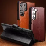 Samsung Galaxy S25 Ultra Case Hülle - Flip Qialino Echtleder mit magnetischem Verschluss - Dunkelbraun