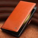 Samsung Galaxy S25 Ultra Case Hülle - Flip Qialino Echtleder mit magnetischem Verschluss - Dunkelbraun