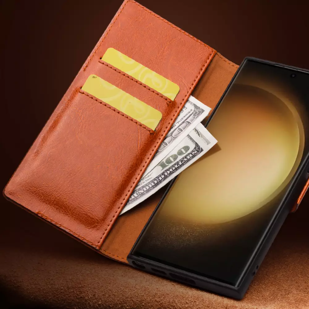 Samsung Galaxy S25 Ultra Case Hülle - Flip Qialino Echtleder mit magnetischem Verschluss - Dunkelbraun