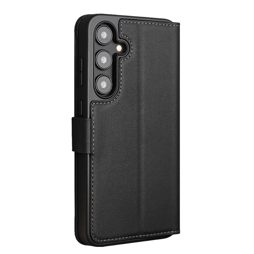 Galaxy S24+ Case Hülle - Flip Qialino Echtleder matt mit magnetischem Verschluss - Mattschwarz