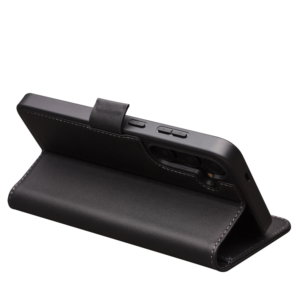 Samsung Galaxy S23 Case Hülle - Flip Qialino Echtleder matt mit magnetischem Verschluss - Mattschwarz