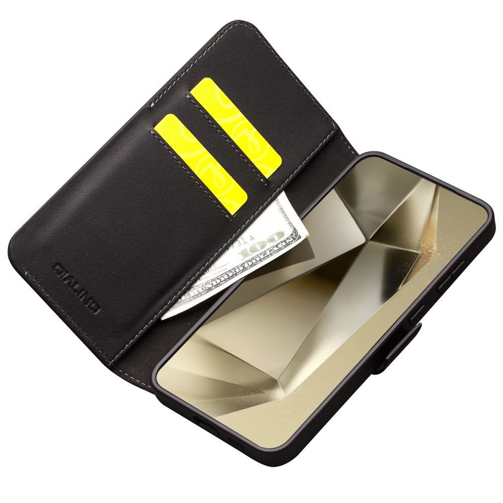 Samsung Galaxy S23 Case Hülle - Flip Qialino Echtleder matt mit magnetischem Verschluss - Mattschwarz