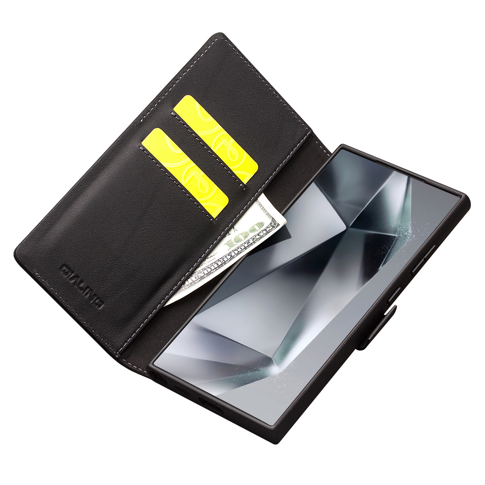 Samsung Galaxy S23 Ultra Case Hülle - Flip Qialino Echtleder matt mit magnetischem Verschluss - Mattschwarz