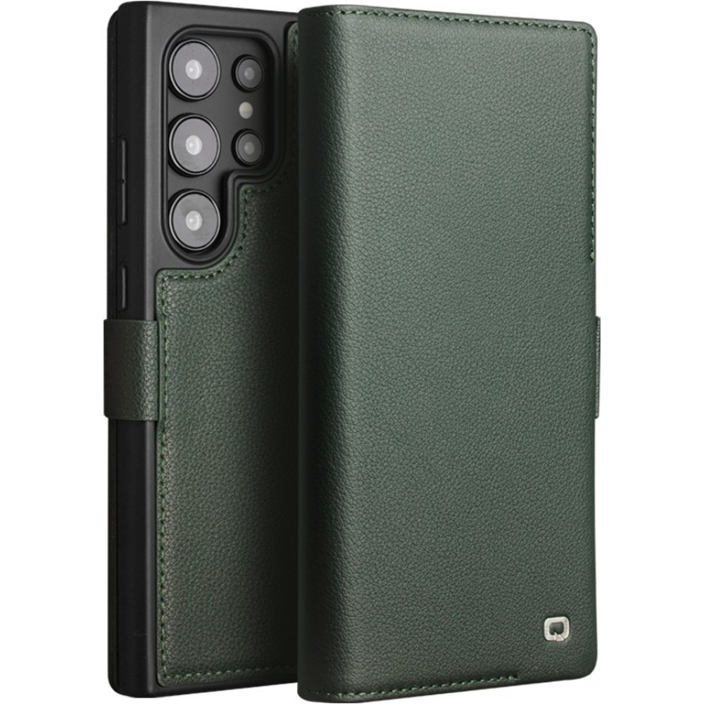 Samsung Galaxy S25 Ultra Case Hülle - Flip Qialino Echtleder matt mit magnetischem Verschluss - Mattgrün