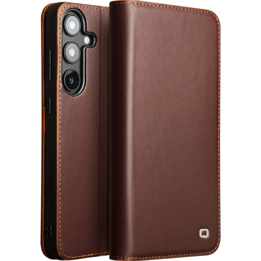 Fourre Samsung Galaxy S25+ - Flip Qialino Matt Wallet cuir véritable - Brun