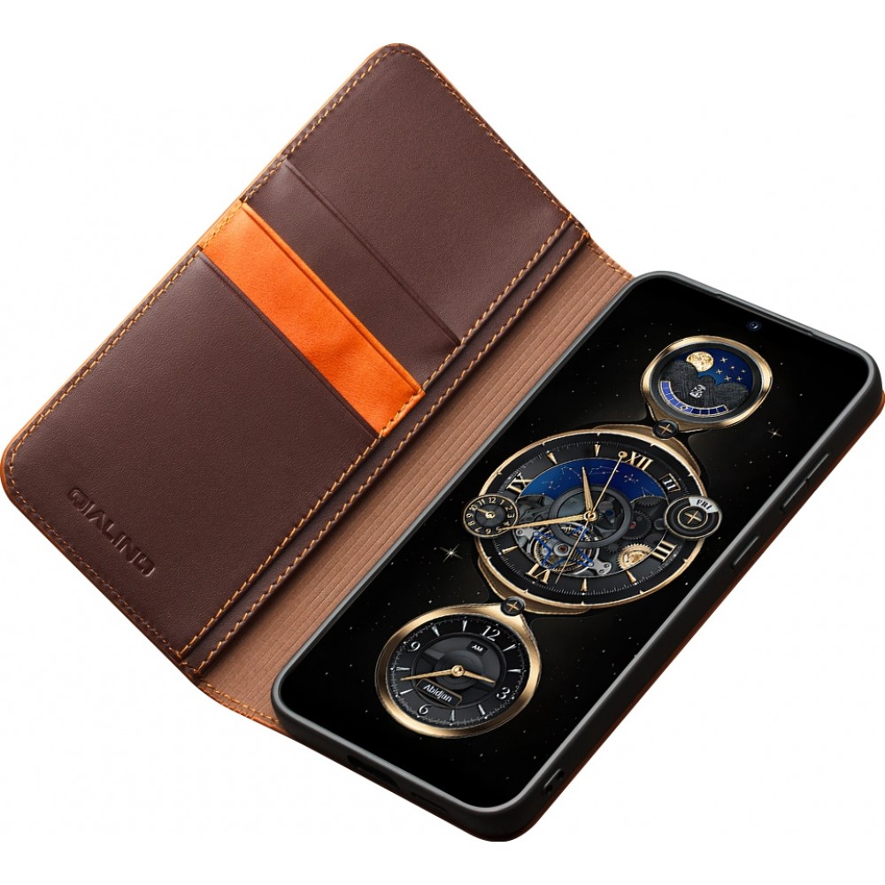 Fourre Samsung Galaxy S25+ - Flip Qialino Matt Wallet cuir véritable - Brun