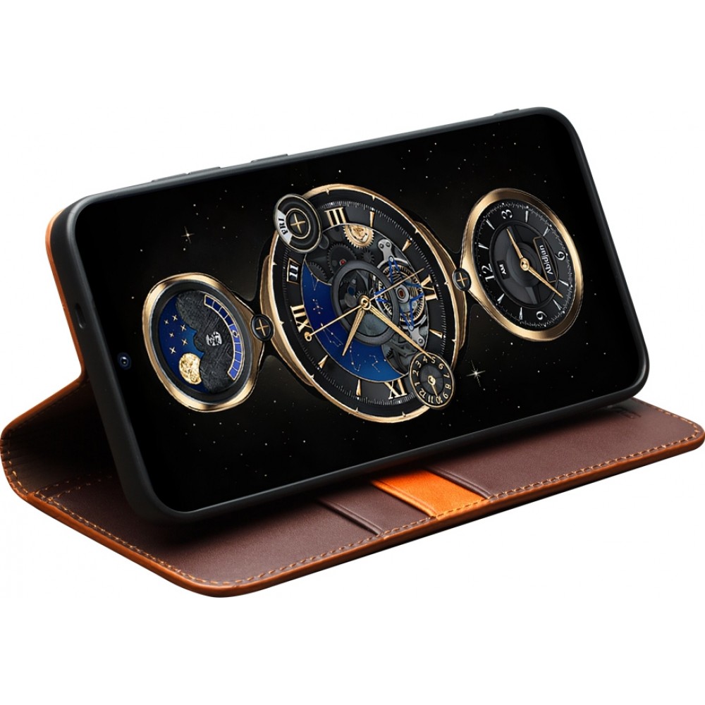 Fourre Samsung Galaxy S25+ - Flip Qialino Matt Wallet cuir véritable - Brun