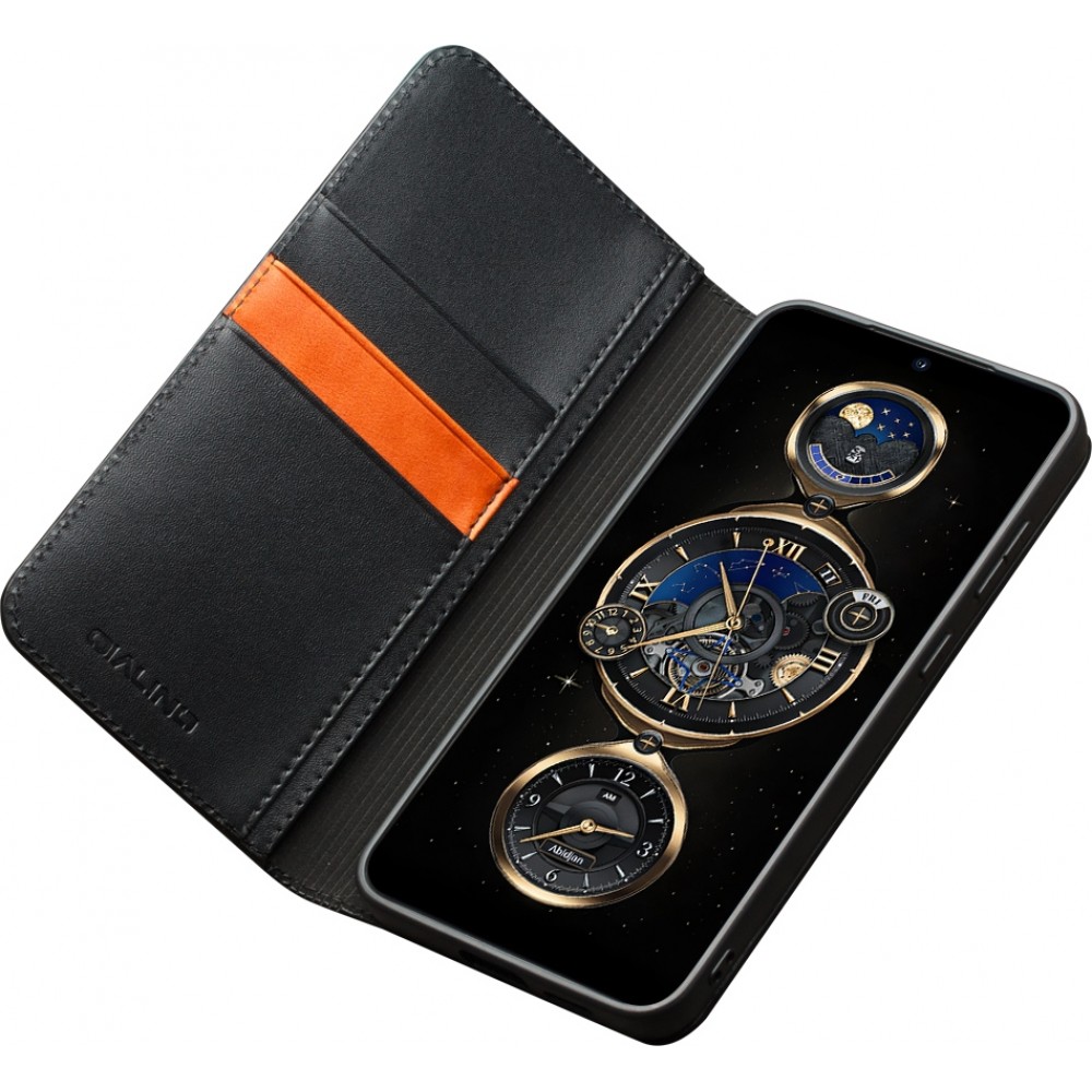Samsung Galaxy S25+ Case Hülle - Qialino Flip Matt Wallet Echtleder - Schwarz
