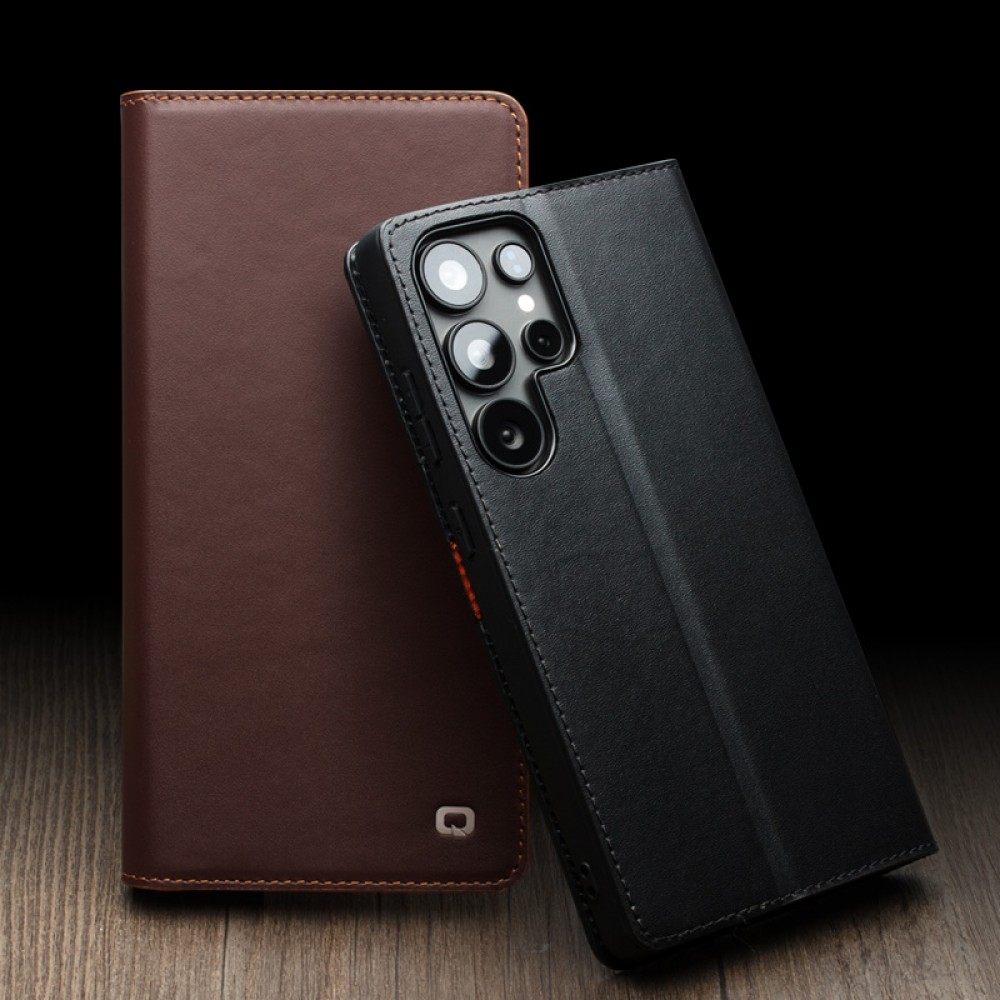 Samsung Galaxy S25+ Case Hülle - Qialino Flip Matt Wallet Echtleder - Schwarz