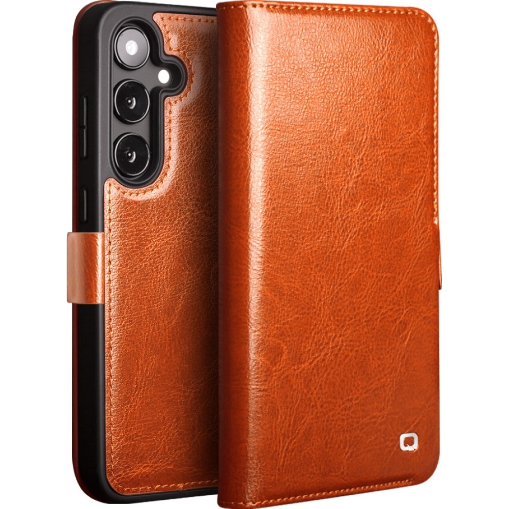 Samsung Galaxy S25+ Case Hülle - Flip Qialino Echtleder mit magnetischem Verschluss - Hellbraun