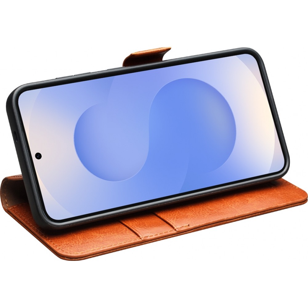 Samsung Galaxy S25+ Case Hülle - Flip Qialino Echtleder mit magnetischem Verschluss - Hellbraun