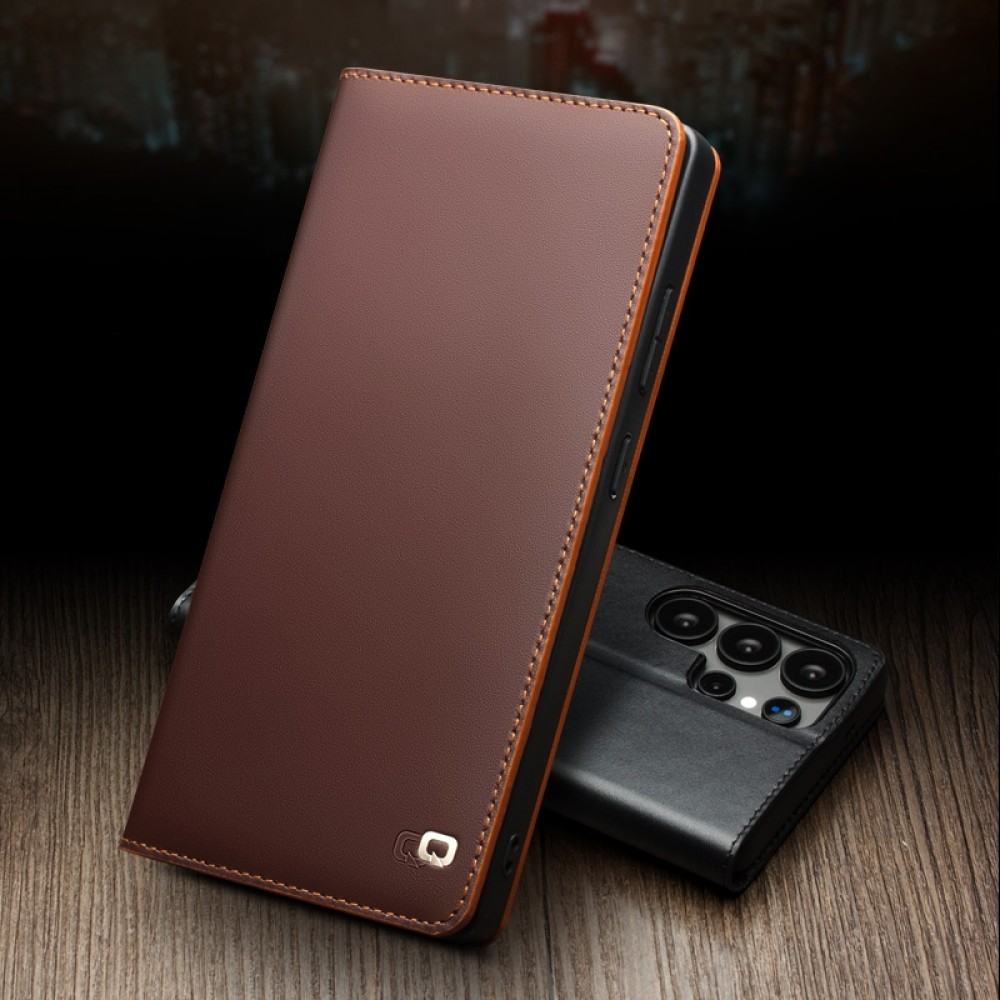 Samsung Galaxy S25 Case Hülle - Qialino Flip Matt Wallet Echtleder - Braun