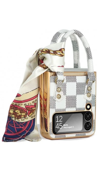 Galaxy Z Flip4 Case Hülle - Fashion Designer Schutzhülle Kunstleder in Handtaschenform - Weiss kariert