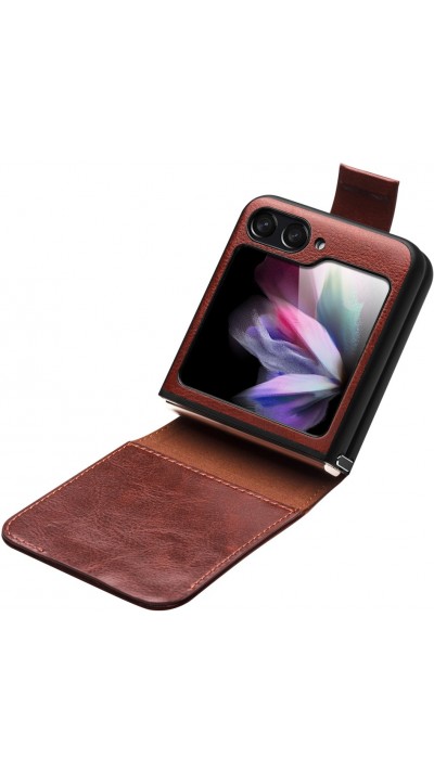 Samsung Galaxy Z Flip6 Case Hülle - Flip Qialino Echtleder mit magnetischem Verschluss - Dunkelbraun