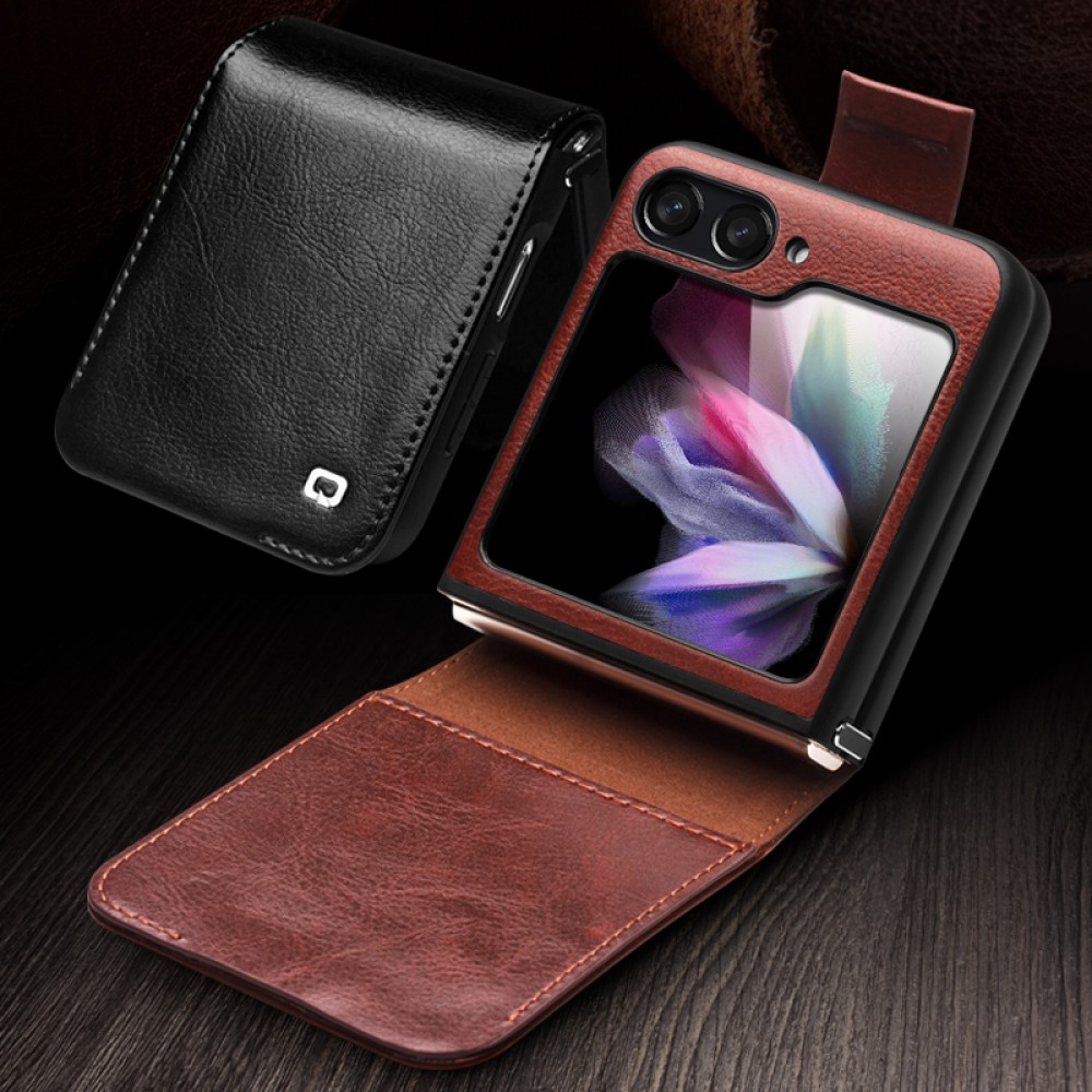 Samsung Galaxy Z Flip6 Case Hülle - Flip Qialino Echtleder mit magnetischem Verschluss - Dunkelbraun