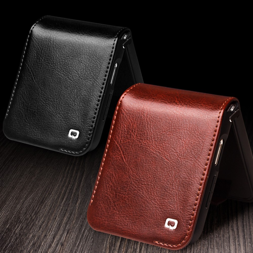 Samsung Galaxy Z Flip6 Case Hülle - Flip Qialino Echtleder mit magnetischem Verschluss - Dunkelbraun