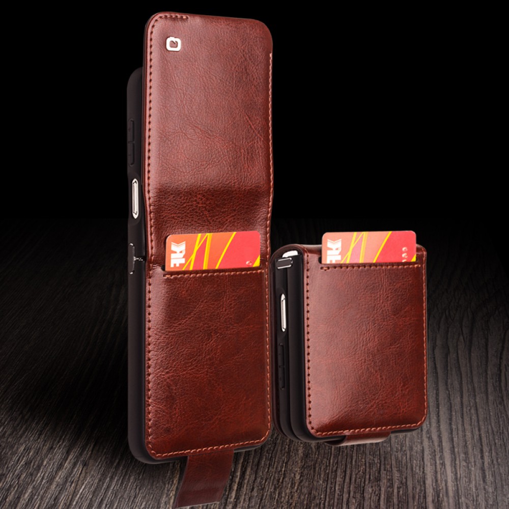 Samsung Galaxy Z Flip6 Case Hülle - Flip Qialino Echtleder mit magnetischem Verschluss - Dunkelbraun